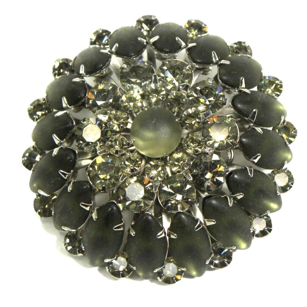 Vintage Rhinestone Brooch Judy Lee Pin Smokey Gray Navettes Victorian Round Dome